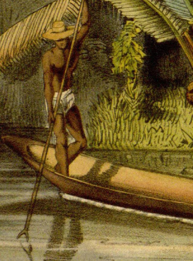 May include: A man in a straw hat stands in a wooden canoe, holding a long wooden pole. He is wearing a white loincloth and is surrounded by lush green foliage.