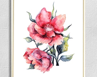 Red Flower Watercolor Painting Print, Botanical Wall Art