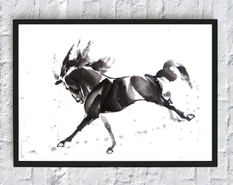 Wild Mustang Horse Watercolor Print, Black Horse Wall Art