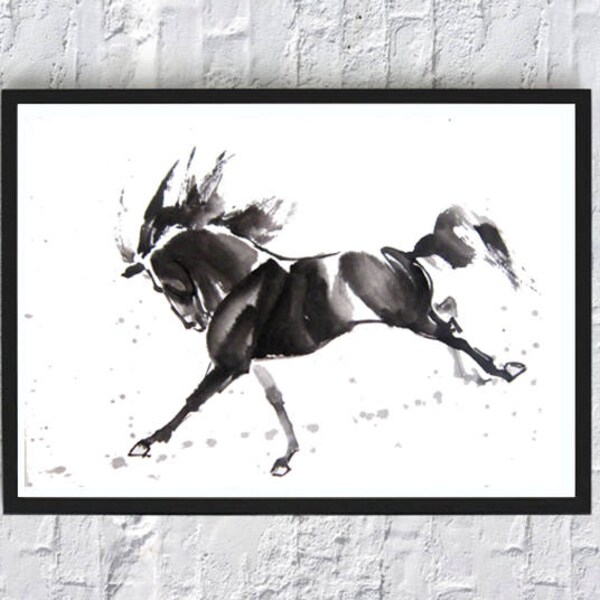 Wild Mustang Horse Watercolor Print, Black Horse Wall Art