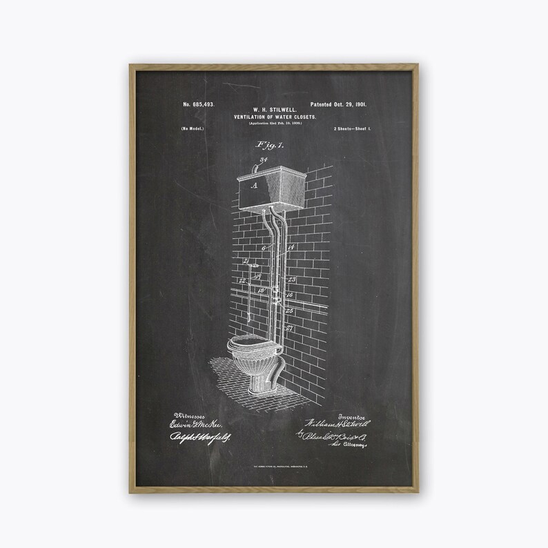 May include: Black and white patent drawing of a toilet design. The drawing shows a toilet bowl with a tank above it. The drawing is labeled with the patent number 685,433 and the date October 28, 1901. The drawing is titled "Ventilation of Water Closets" and the inventor is listed as W. H. Stilwell.
