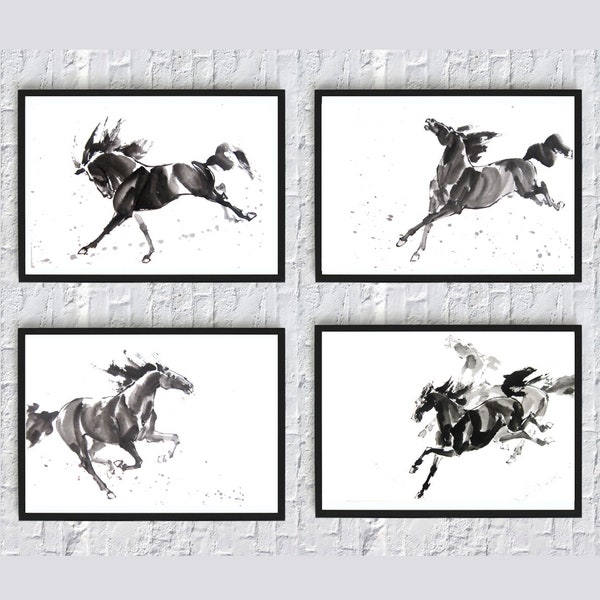 Watercolor Horse Print Set, Black Stallion Illustration, Animals Home Decor