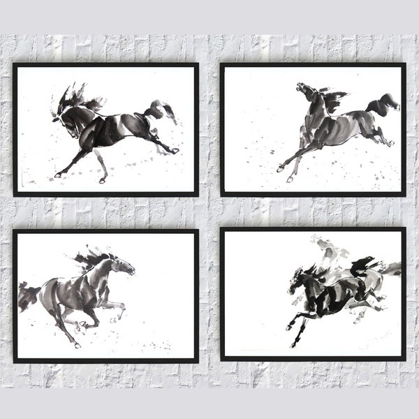 Horse Print Set of 4, Animals Home Decor, Watercolour Horse Painting, Wild Horse Illustration, Black Horse Poster, Living Room Decor