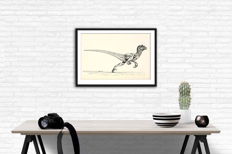 Pu&ograve; includere: Un disegno in bianco e nero di un dinosauro che corre, incorniciato in una cornice nera e appeso a un muro di mattoni bianchi.