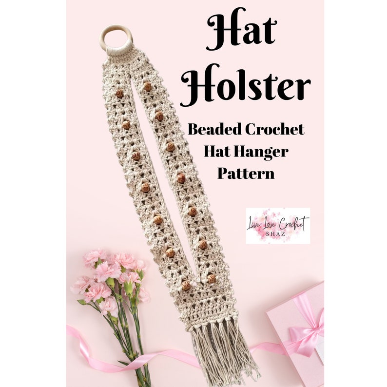 Hat Holster a Beaded Crochet Hat Hanger laid flat with flowers