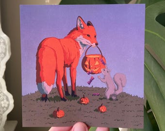 Lámina artística de zorro y ardilla para Halloween – Truco o trato, cesta de calabazas, animales del bosque