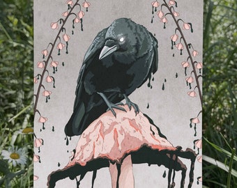 Spooky Crow Art Print - Inky Cap Mushroom Wall Art, Gothic Horror Decor