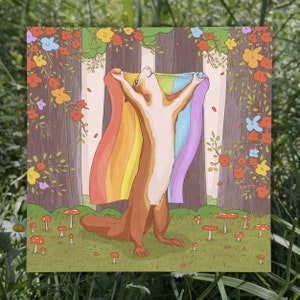May include: A cartoon illustration of a squirrel holding a rainbow and yellow pride flag in a forest setting. The squirrel is standing on its hind legs with its front paws raised above its head. The flag is draped over the squirrel's back and is flowing in the wind. The forest is depicted with trees, flowers, and mushrooms.