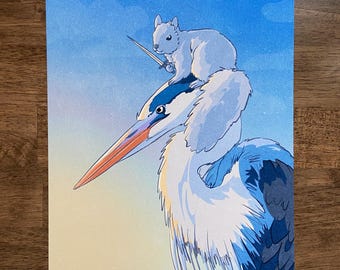 Squirrel & Heron Art Print - Marshy Warriors Fantasy Animal Illustration