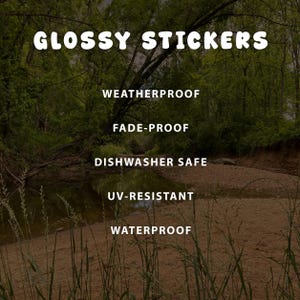 K&ouml;nnte beinhalten: Gl&auml;nzende Aufkleber mit wei&szlig;em Text &uuml;ber einer Wald-Bach-Szene. Der Text lautet: GLOSSY STICKERS, WEATHERPROOF, FADE-PROOF, DISHWASHER SAFE, UV-RESISTANT, WATERPROOF. Der Hintergrund zeigt gr&uuml;ne B&auml;ume und ein sandiges Bachbett.