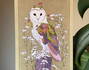 Mossy Barn Owl Art Print - Animal Wall Art, Fantasy Animals, Birds of Prey, Mushrooms