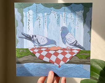 Pigeon Picnic Art Print – Bird Wall Decor