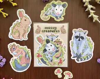 Mossy Creatures Sticker Pack - Raccoon, Opossum, Rabbit, Chipmunk