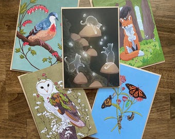 Wildlife Greeting Cards – Bird, Fox, Owl, Cat, Butterfly Art (Blank Inside)