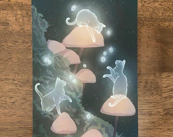 Ghost Kitties Art Print - Kitten Room Decor, Cat Wall Art, Animal Spirits, Mushrooms