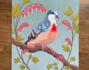 Bleeding Hearts Dove Art Print - Bird Wall Art