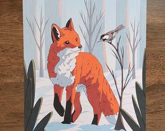 Winter Fox and Bird Art Print – Woodland Animal Room Decor, Chickadees