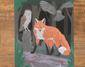 Witchy Fox & Owls Art Print - Spooky Woodland Creatures