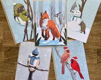 Winter Greeting Cards – Fox, Birds, Christmas Illustrations (Blank Inside)