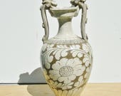 SALE Chinese Chizou-ware Pottery Double Headed Dragon Handled Vase Light Greenish Gray incised Pattern