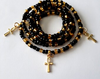 Adinkra symbol African Waist Beads with Gold /'Sankofa/' Charm unique gift weight loss tracker blue green and gold under 20 stretch