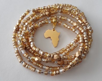 Adinkra symbol African Waist Beads with Gold /'Sankofa/' Charm unique gift weight loss tracker blue green and gold under 20 stretch