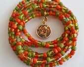Olive Green and Orange Waist beads with Sequined Charm, belly beads, stretch, colorful, weight loss tracker, unique, under 10, anklets