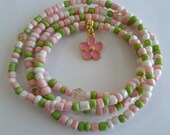 Pink Green and White Waist beads with Pink Enamel 39 Flower 39 Charm, weight loss tracker, stretch, unique, colorful,under 10, inexpensive gift
