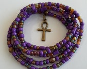 Purple and Bronze Waist beads with 39 Ankh 39 Charm, stretch, belly beads, weight loss tracker, wrap bracelets, anklets, unique gift, under 10