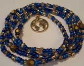 Blue and Gold Waist beads with Gold 39 Globe 39 Charm, stretch, wrap bracelets, anklets, necklace, unique gift, under 10, inexpensive gift
