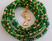 Emerald and Gold Waist beads with Gold 39 Queen 39 Charm, weight loss tracker, belly beads, stretch, African, unique, beaded anklets, under 10