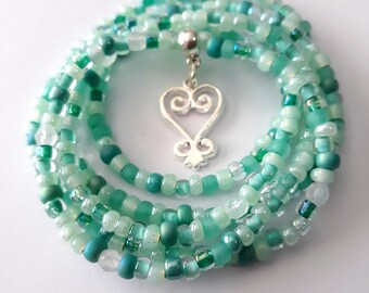 Adinkra symbol African Waist Beads with Gold /'Sankofa/' Charm unique gift weight loss tracker blue green and gold under 20 stretch