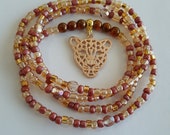 Gold and Caramel Waist beads with 39 Leopard 39 Charm, belly beads, weight loss tracker, unique gift, under 20, African waist beads, inexpensive
