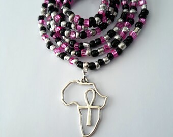 Black Silver and Hot Pink Waist Beads with Africa and Ankh Pendant, stretch, plus available, weight loss tracker, belly beads, body jewelry