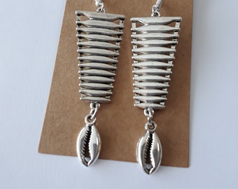 Silver Afrocentric Earrings with Cowrie Shells, 2 3/4 inches, nickel free, light weight, can be made clips, under 20