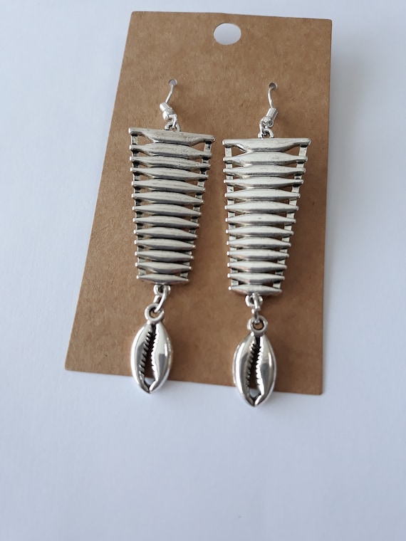 Silver Afrocentric Earrings with Cowrie Shells, 2 3/4 inches, nickel free, light weight, can be made clips, under 20
