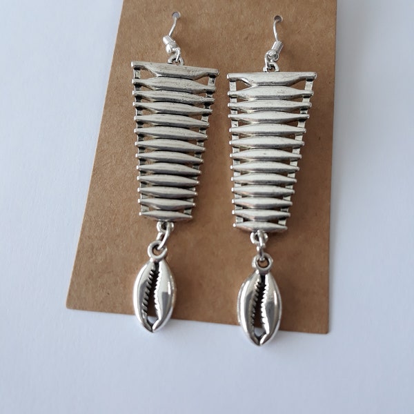 Silver Afrocentric Earrings with Cowrie Shells, 2 3/4 inches, nickel free, light weight, can be made clips, under 20