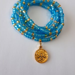 Matte Sky Blue and Gold Waist Beads with &quot;Lotus&quot; Charm, stretch, weight loss tracker, belly beads, waist chains, under 20, spiritual gift