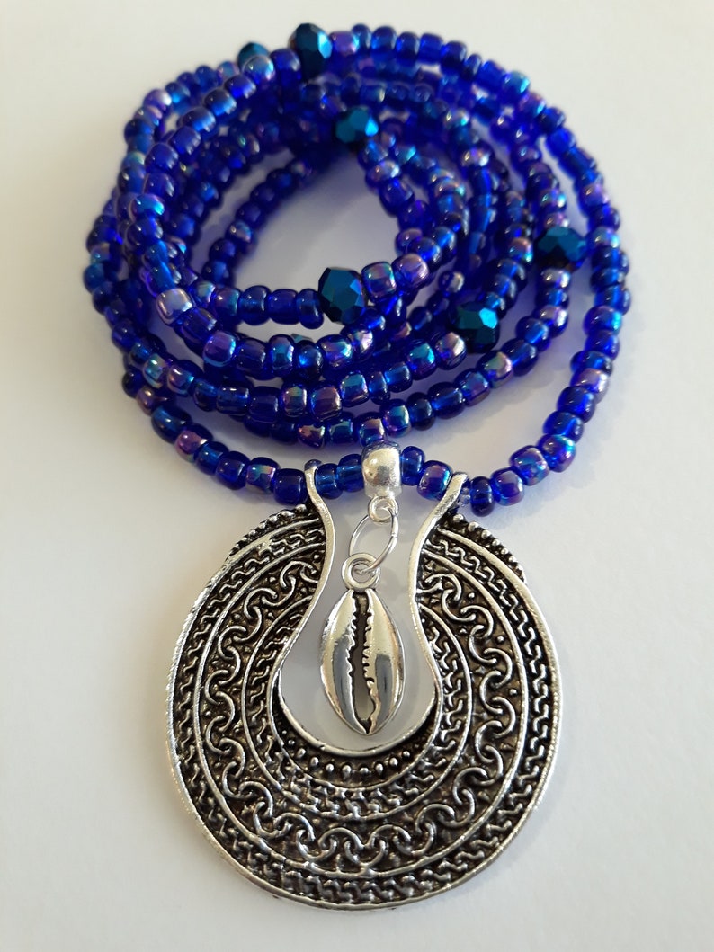 Cobalt Blue Waist Beads with Bohemian Pendant and Silver Cowrie Shell African waist beads unique gift under 20 weight loss tracker