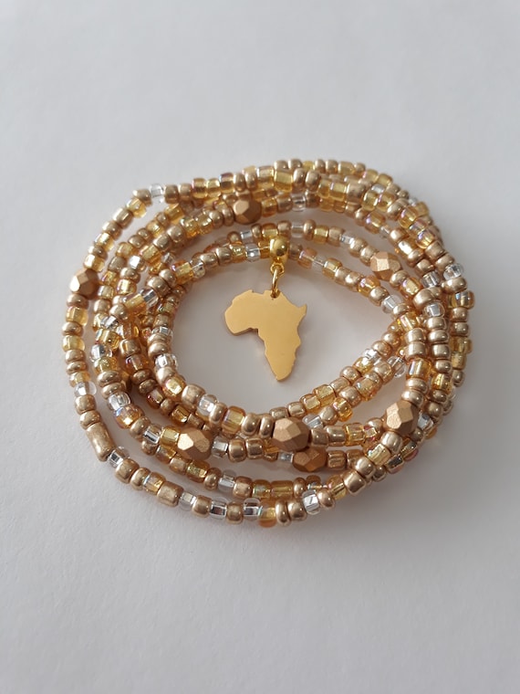 Gold Waist Beads with Gold 'Africa' Charm, weight loss tracker, belly beads, African waist beads, stretch, plus size, wrap bracelet, anklets