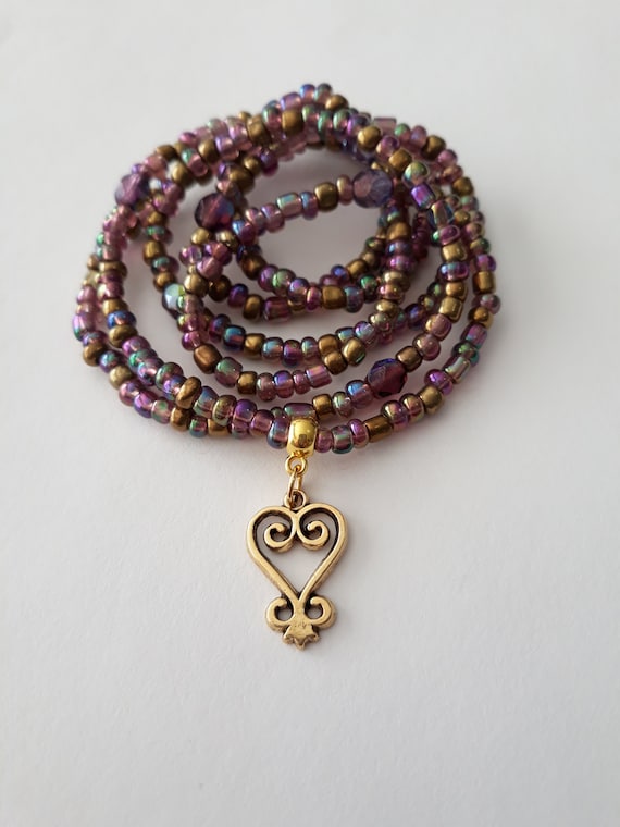 Adinkra symbol African Waist Beads with Gold /'Sankofa/' Charm unique gift weight loss tracker blue green and gold under 20 stretch