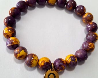 Purple and Gold Jade 'Omega' Gemstone Stretch Bracelet, men's bracelet, fraternity gift, Greek bracelet, under 20, 10mm beads