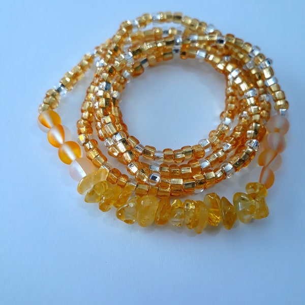 Citrine and Aura Crystal Gemstone Waist Beads, stretch, weight loss tracker, waist chain, belly beads, belly chain, plus available