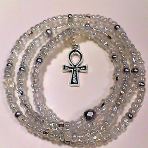 White Waist beads with &#39;Ankh&#39; Charm, wrap bracelets, beaded anklets, necklace, Egyptian charm, African waist beads, gift for her
