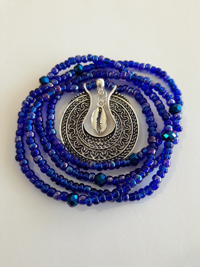 Cobalt Blue Waist Beads with Bohemian Pendant and Silver Cowrie Shell African waist beads unique gift under 20 weight loss tracker