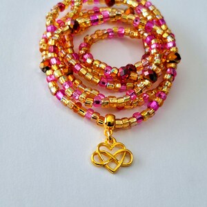 Gold and Pink Crystal Waist Beads with &#39;Infinite Love&#39; Symbol, stretch, weight loss tracker, plus available, waist chain, belly beads