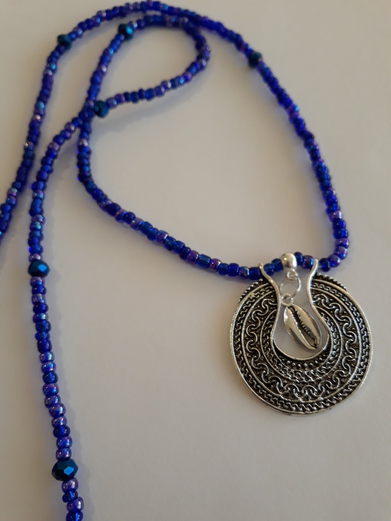 Cobalt Blue Waist Beads with Bohemian Pendant and Silver Cowrie Shell African waist beads unique gift under 20 weight loss tracker