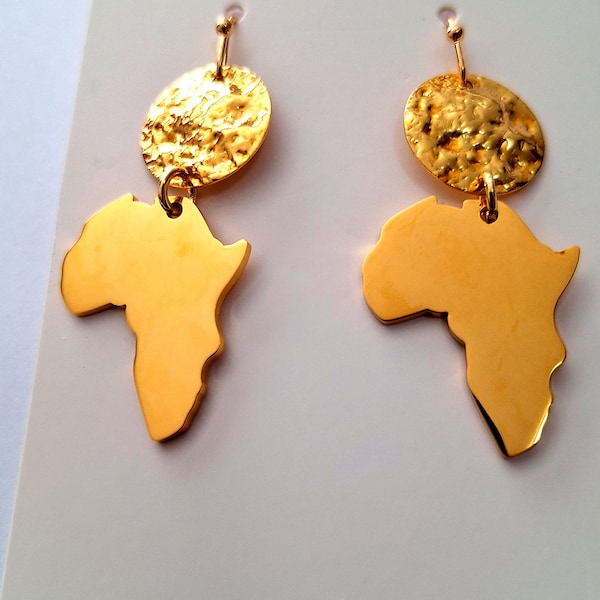 Gold Stainless Steel 'Africa' Earrings, afrocentric earrings, 2 inches, ethnic jewelry, can be made clips, African jewelry, unique earrings