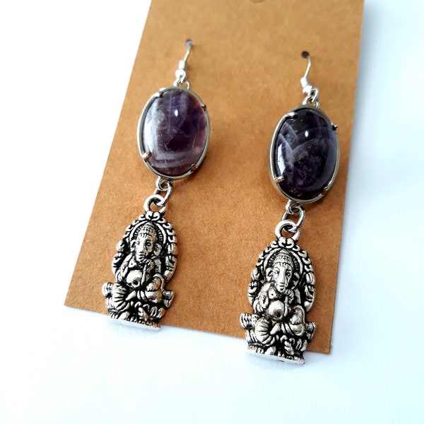 Amethyst Earrings with 'Ganesha' Charms, Hindu deity, remover of obstacles, spiritual gift, calming energy, healing stone, gemstones