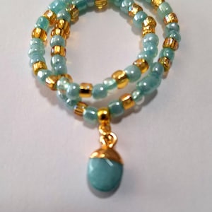 Aqua and Gold Anklet with Jade Charm, stretch, body jewelry, ankle bracelet, gemstone anklet, beaded anklet, body beads